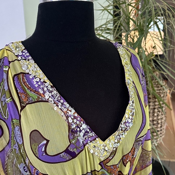 Folia Swim Sheer Beach Cover-Up Yellow and Purple Dress with Sequin Detail - Med - Picture 5 of 10
